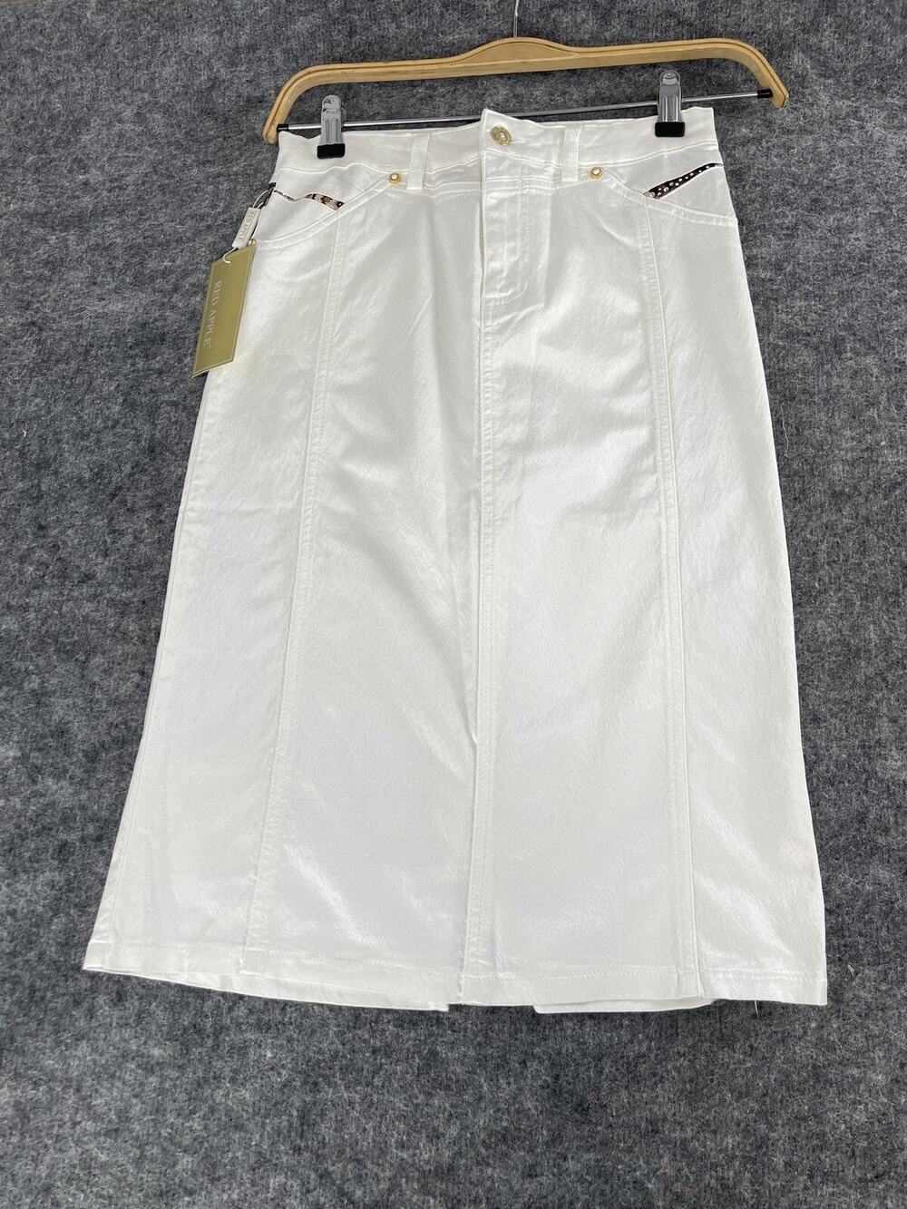 Red Apple Skirt Womens 4 Coated Denim Straight Leopard Beaded White N146